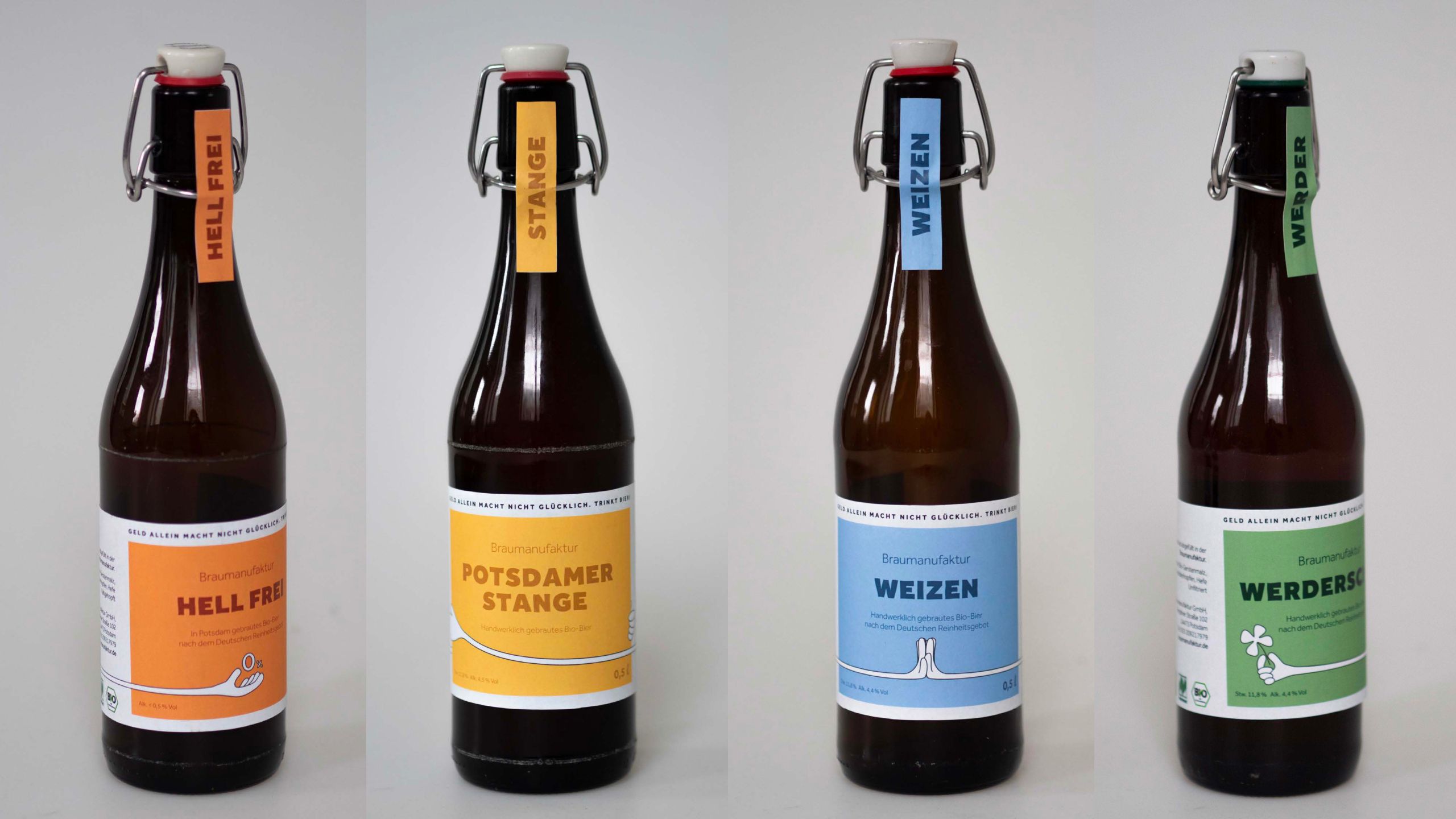 Vier Flaschen: Hell Frei, Potsdamer Stange, Weizen, Werder